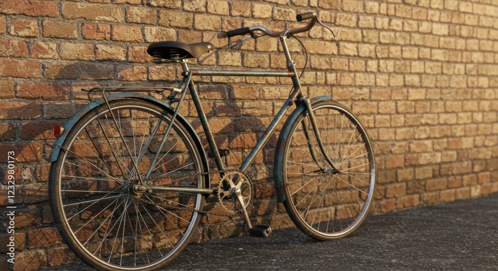 A rusty old bicycle leaning against a brick wall A rusty old bicycle leaning against a brick wall