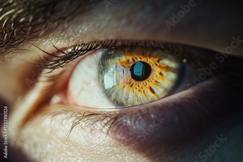 Hyper-detailed close-up of a mana??s pale peach-colored eye with intricate reflections in the iris, captured in photo