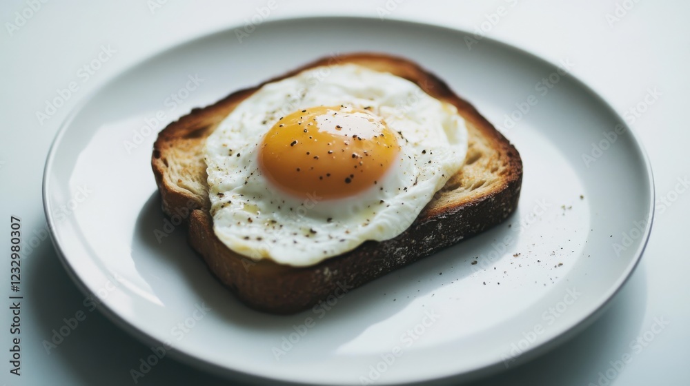 A single piece of perfectly poached egg on top of a slice of buttered sourdough toast, neatly arranged on a plain white plate, Egg and toast centered A single piece of perfectly poached egg on top of a slice of buttered sourdough toast, neatly arranged on a plain white plate, Egg and toast centered