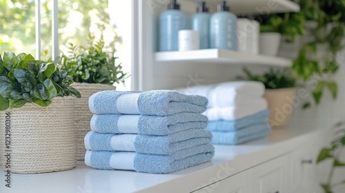 Soft white towels neatly arranged in a serene bathroom with blue walls and na...