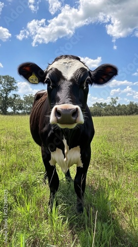 Cow standing in a lush green field under a clear blue sky in the countryside