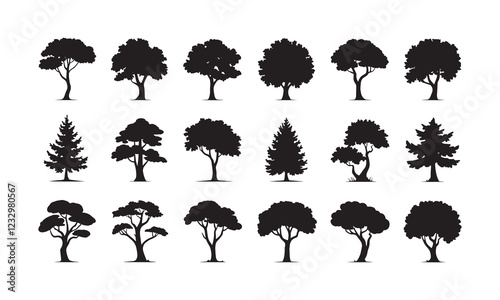 set of 18 silhouette tree silhouettes icon . tree line drawing set, Side view, set of graphics trees elements outline symbol for architecture and landscape design drawing. 