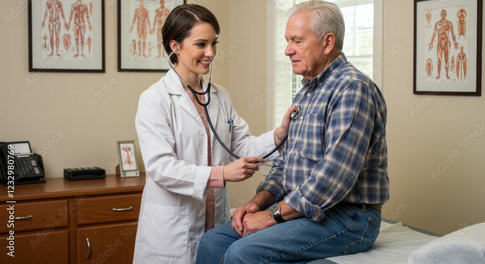Obraz premium A young woman with a kind smile, wearing a white coat and stethoscope, examining an older man in a doctor's office