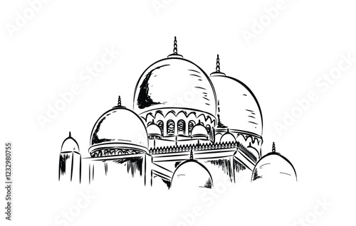 Mosque illustration, Eid Mubarak and Ramadan Kareem greeting. hand drawn, sketch