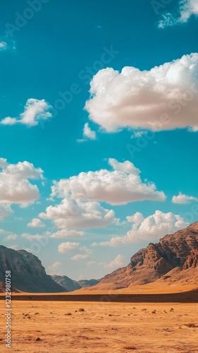 Majestic desert valley with vibrant clouds under a clear blue sky in a remote...