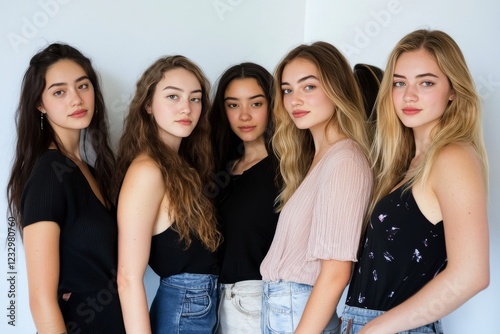 Group of five young women posing together in casual dresses for a stylish ind...