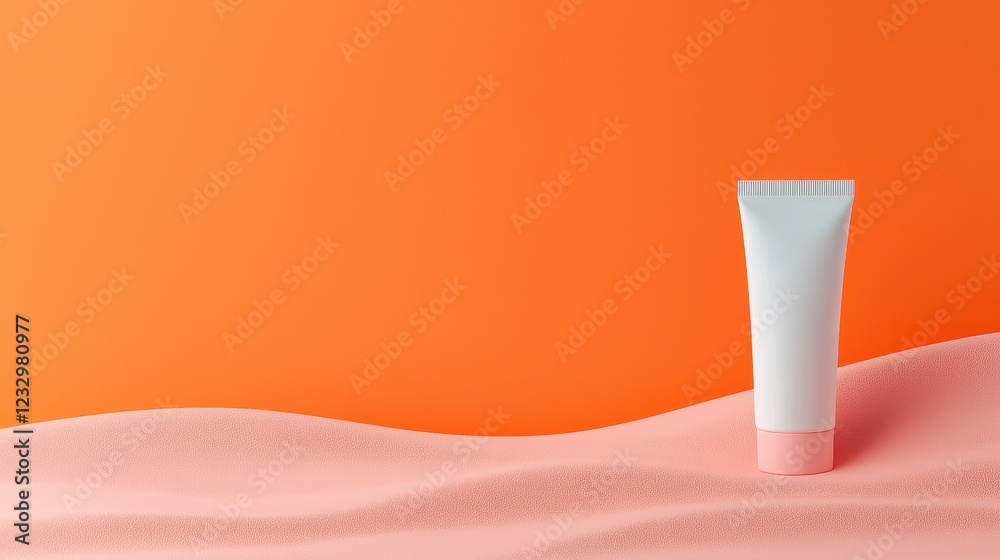 Minimalist Cosmetic Tube on Soft Waves with Vibrant Orange Background Minimalist Cosmetic Tube on Soft Waves with Vibrant Orange Background