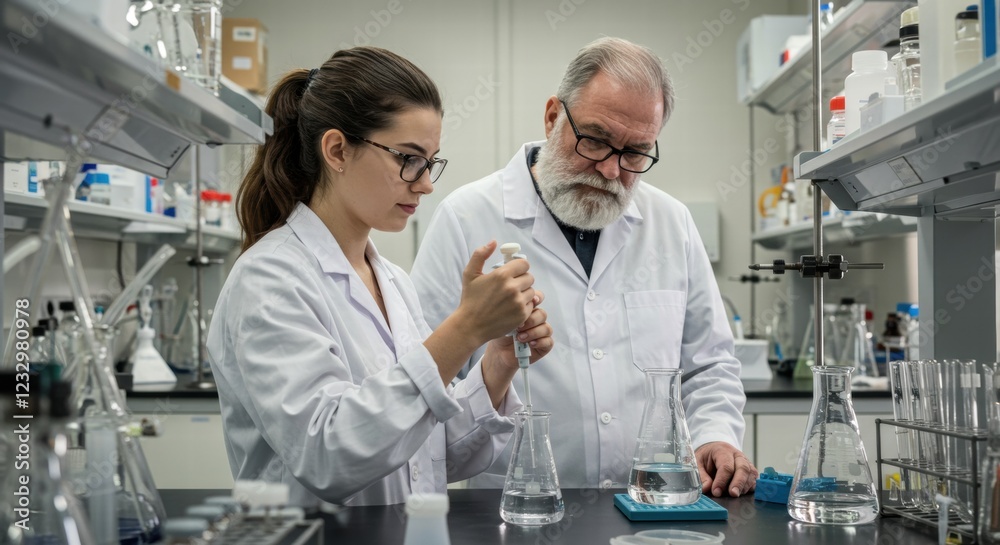 Obraz premium A young woman in a white lab coat works with an older man in a scientific laboratory.