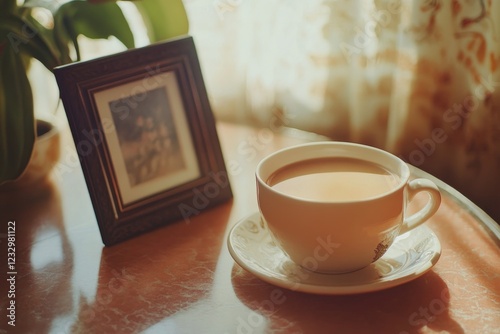 Warm cup of tea on a table beside a framed picture in a cozy room filled with...