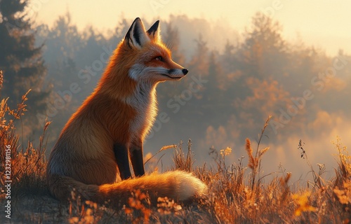 Fox stands majestically in golden light among tall grass during early morning...