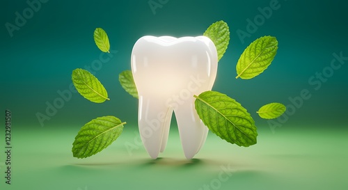 Bright healthy white molar surrounded by fresh green mint leaves, concept for dental care, oral hygiene products and natural breath freshening solutions