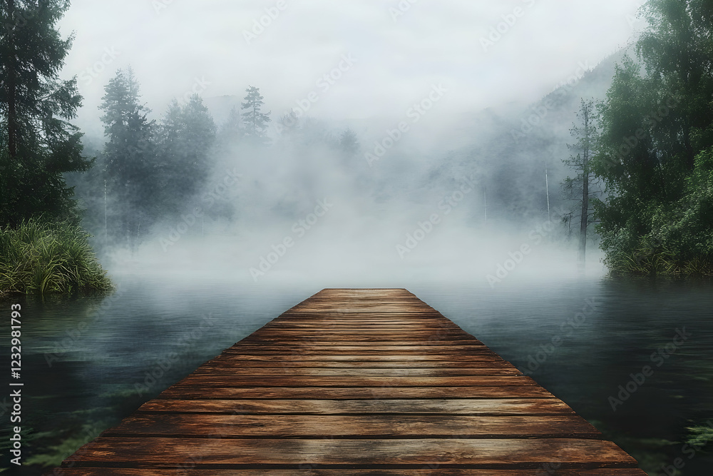Wooden dock overlooking a misty lake surrounded by serene natural beauty Wooden dock overlooking a misty lake surrounded by serene natural beauty
