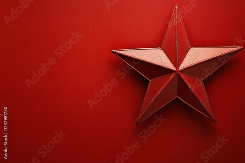 Red star sculpture against a vibrant red background with geometric design ele...
