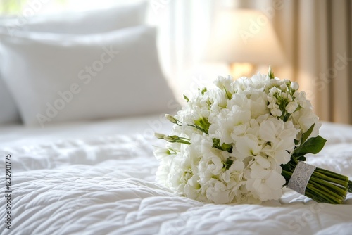 Elegant white hydrangea bouquet resting on a bed in a cozy hotel room before ...