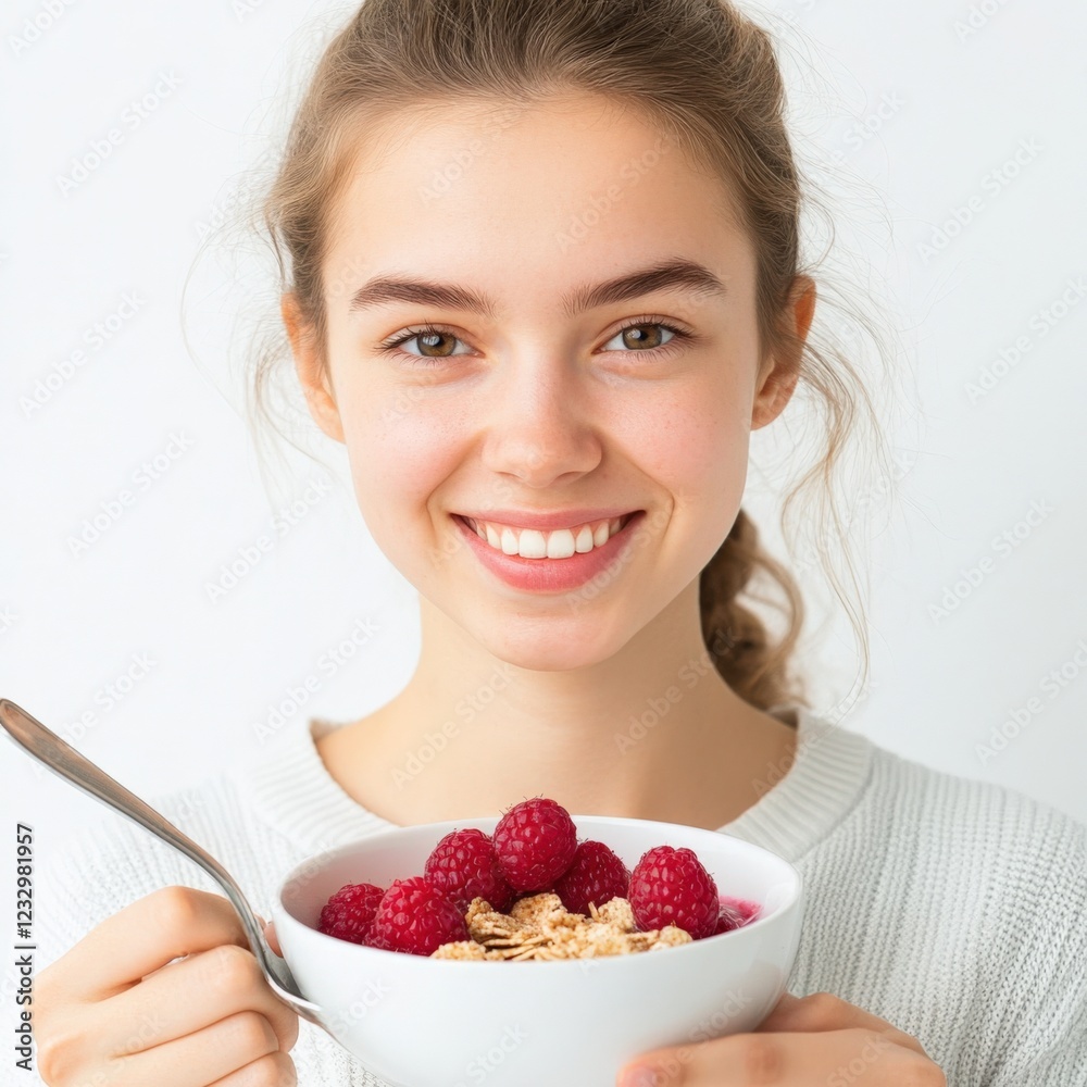 young woman enjoying a healthy breakfast of raspberries and cereal young woman enjoying a healthy breakfast of raspberries and cereal