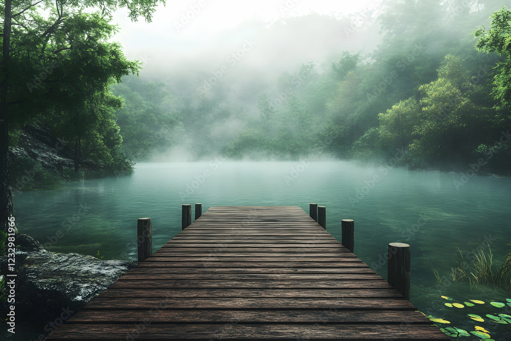 Wooden dock overlooking a misty lake surrounded by serene natural beauty Wooden dock overlooking a misty lake surrounded by serene natural beauty