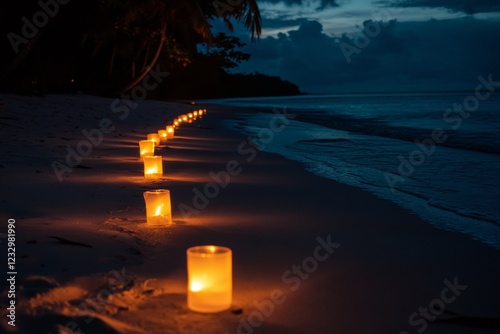 Candles illuminating a tranquil beach at twilight creating a serene atmosphere