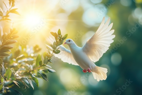 White dove with outstretched wings holding olive branch