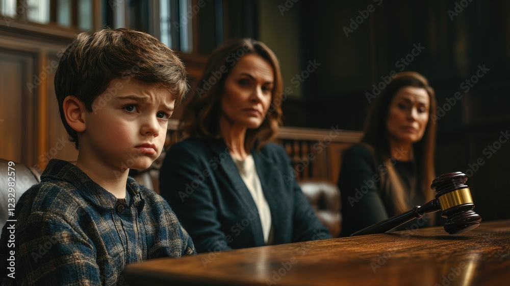 Sad boy sitting at a table in the background of his parents. Sad boy sitting at a table in the background of his parents.