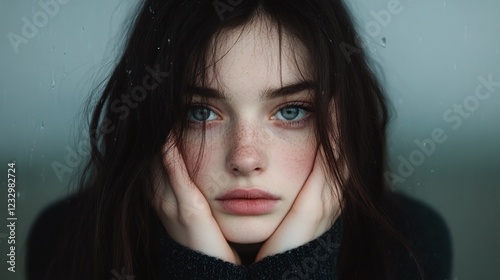 Close-up portrait of young woman with melancholic expression, holding her face, dark brown hair, soft lighting, dramatic and minimalistic style, isolated on neutral background

