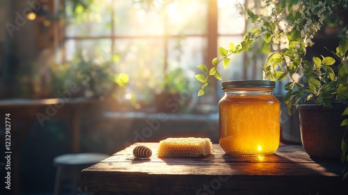 Honey jar and honeycomb displayed on a rustic wooden table in sunlight