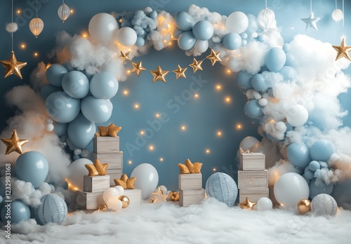 Dreamy blue and gold party decoration with clouds and stars for special celeb...