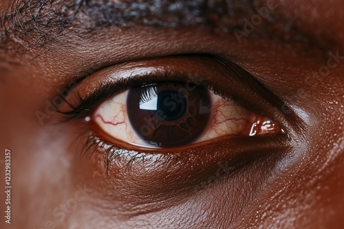 Hyper-detailed shot of a mana??s dark chocolate brown eye, with deep textures and fine veins in the iris, captured in photo