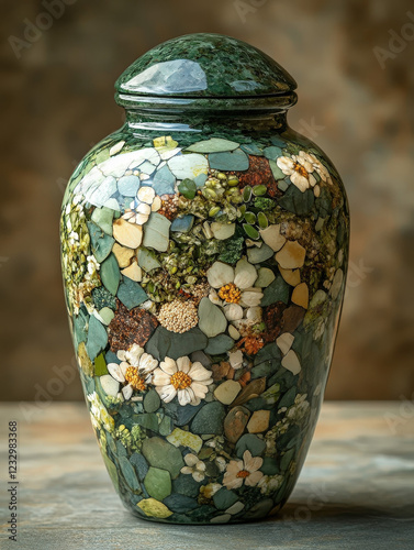 This eco-friendly urn showcases a beautiful natural design with embedded seeds, created in calming green and beige tones