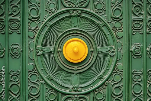 Intricate green door with yellow knob showcasing unique artistic design elements