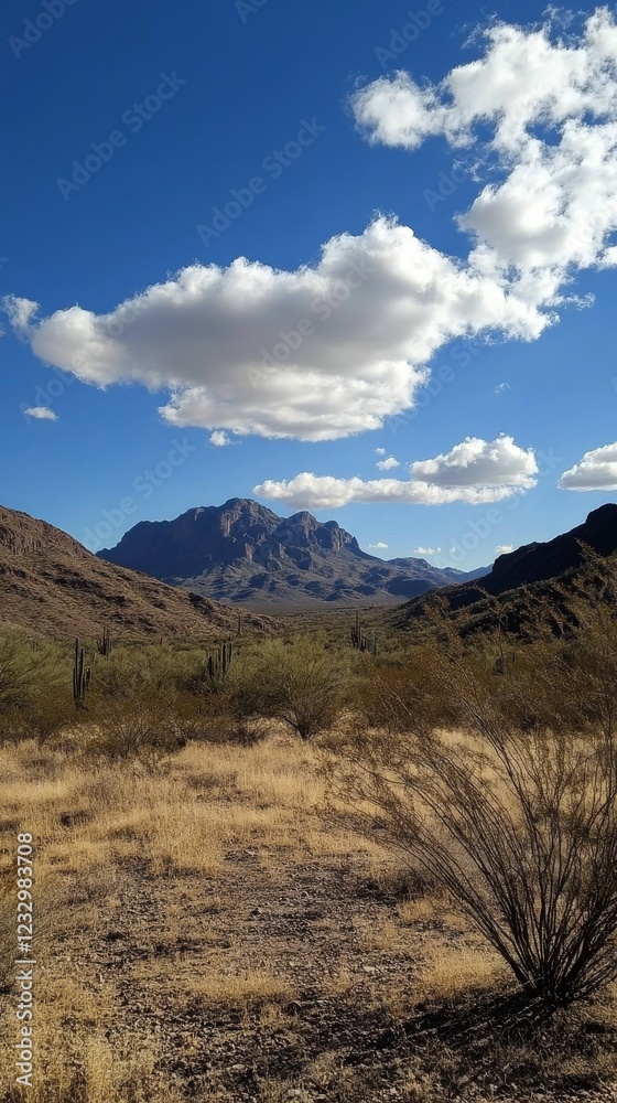 Fototapeta premium Majestic desert valley with vibrant clouds under a clear blue sky in a remote mountainous region