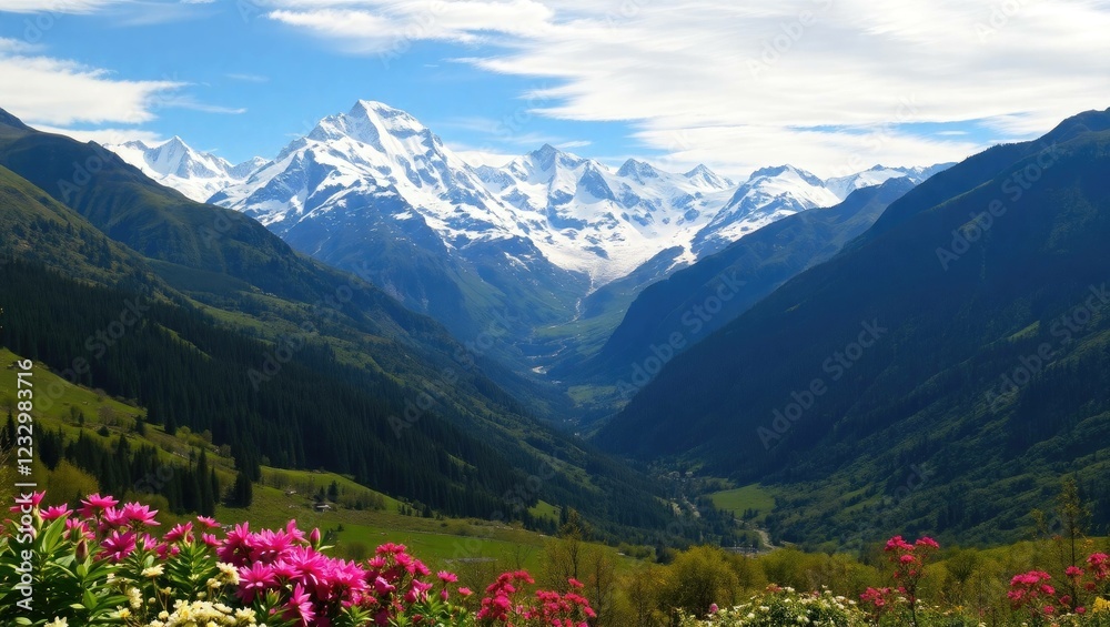 Fototapeta premium As winter retreats, the first signs of spring in nature – melting snow, blooming flowers, and warm sunlight illuminating green fields and mountain slopes