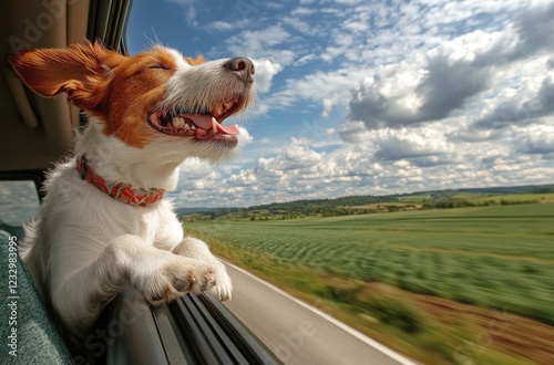 Dog enjoying a joyful car ride while sticking its head out of the window on a...