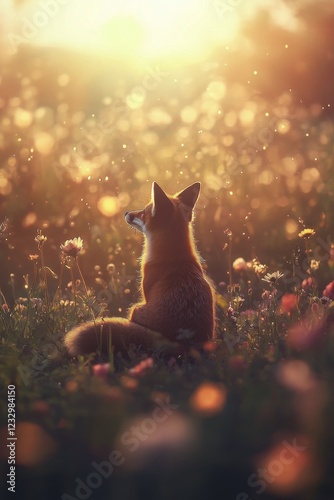 Fox silhouetted in a magical golden glow among glowing flowers at dusk