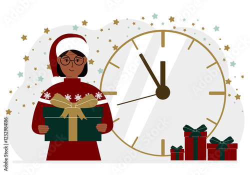 A woman in a red sweater and a red cap with a large gift box. 5 minutes before Christmas or New Year. Vector flat illustration.
