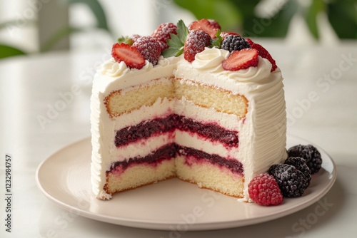 Delicious layered cake with fresh fruits served on a white plate in a bright ...
