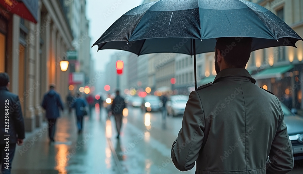 Obraz premium Man holding a black umbrella in a grey trench coat walking on a wet urban street, reflective city lights ambiance, Rainy Days concept