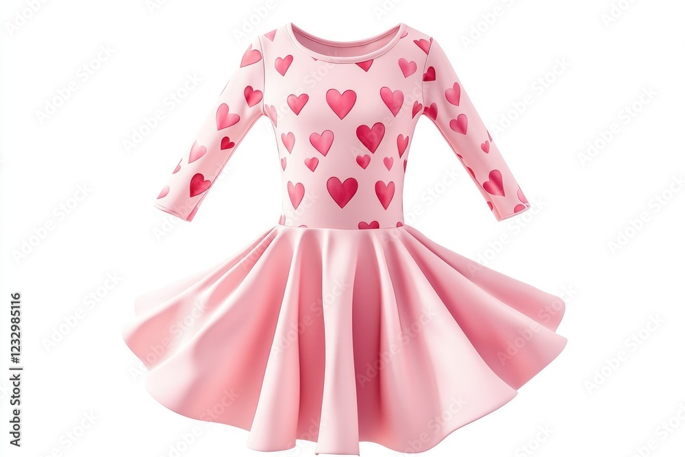 Pink heart print dress with a flared skirt for Valentine's Day mockup on pure white background Pink heart print dress with a flared skirt for Valentine's Day mockup on pure white background