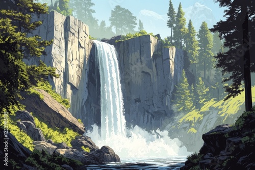 Cascading waterfall surrounded by lush greenery in a serene forest setting