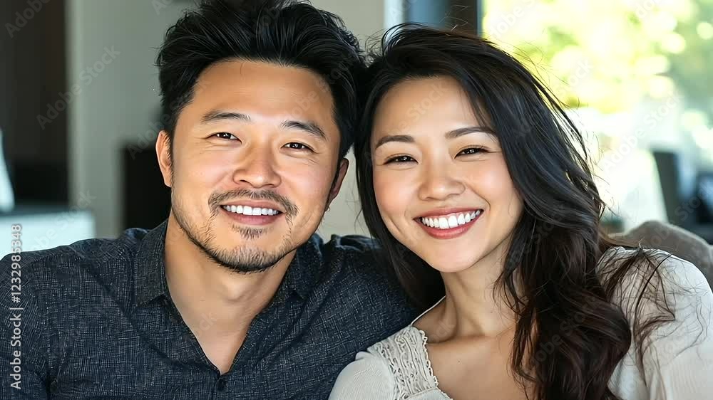 An Asian couple smiling warmly while sitting on a cozy couch in their living room, surrounded by modern décor and natural light streaming through large windows.