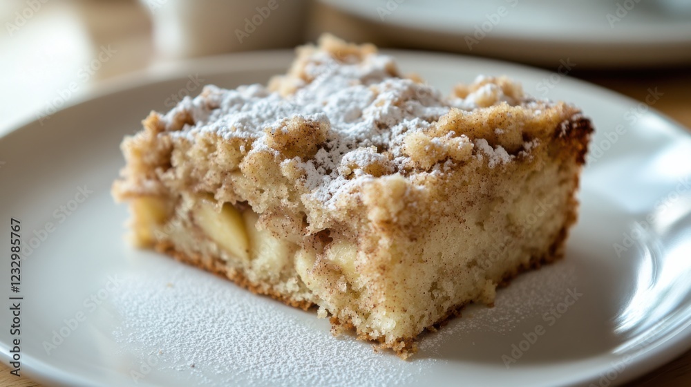 A slice of apple cinnamon bread with a light crumb topping and a sprinkle of powdered sugar, placed on a plain white plate, Slice centered with a slightly angled view A slice of apple cinnamon bread with a light crumb topping and a sprinkle of powdered sugar, placed on a plain white plate, Slice centered with a slightly angled view