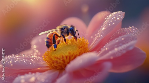 Bee collecting nectar from a pink flower in the early morning light with dew ...