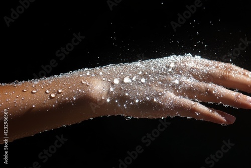 Sparkling water droplets glisten on a hand under black background during a cr...