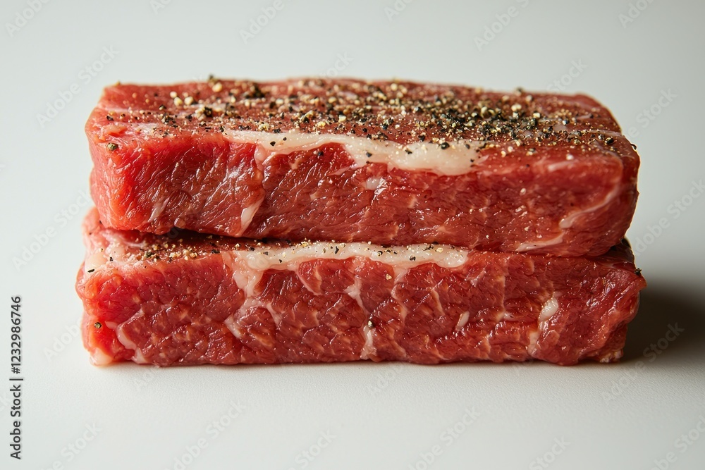 Raw seasoned steak on white surface, ready for cooking Raw seasoned steak on white surface, ready for cooking
