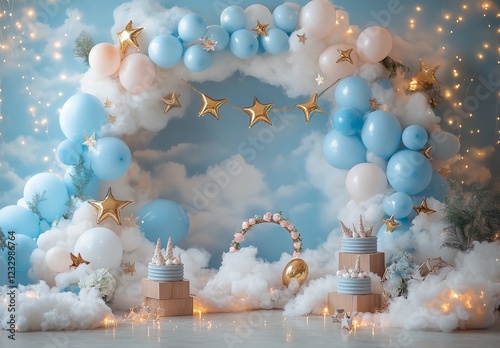 Dreamy blue and gold party decoration with clouds and stars for special celeb...