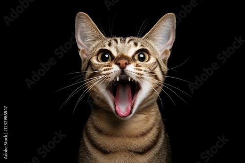 Cat with open mouth displaying excitement against a dark background