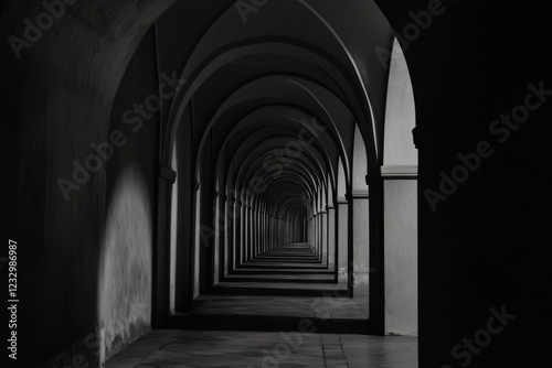 Shadows and arches create an atmospheric perspective in an ancient corridor
