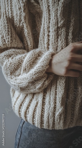 Textured knit sweater worn by a person holding a cup in a cozy indoor setting