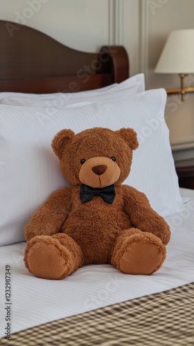 Soft teddy bear sits on a cozy bed with decorative pillows in a warm-toned in...
