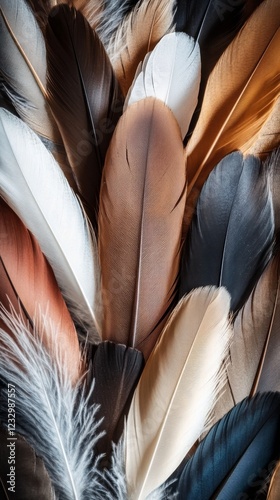 Colorful feathers create a vibrant texture and pattern in a close-up view of ...