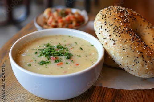 Delicious bowl of soup served with a fresh bagel and side salad at a cozy cafe